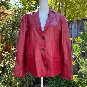 JONES NEW YORK - Red Leather Jacket - Blazer Cut, Deep V, Botton Down Sz: L